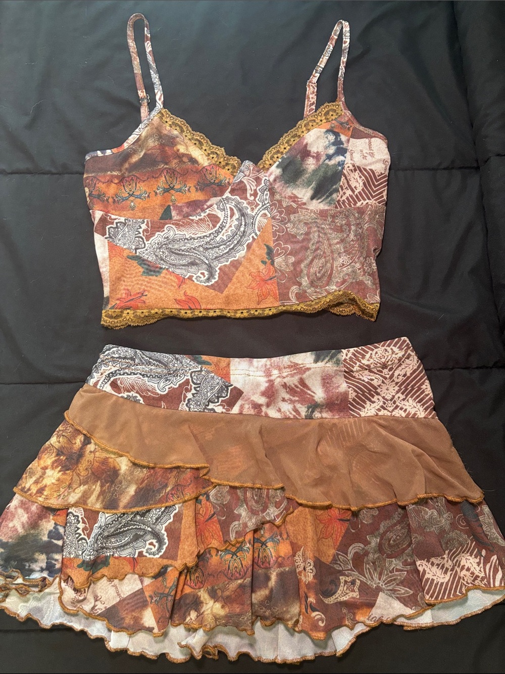 SHEIN Brown Multi Paisley Mini Skirt Set